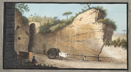 Wejście do Groty Pausilipo, ilustracja XVI, z „Campi Phlegraei: Obserwacje na wulkanach dwóch Sycylii”, Sir William Hamilton (1730-1803), wydana 1776 (rycina ręcznie kolorowana)